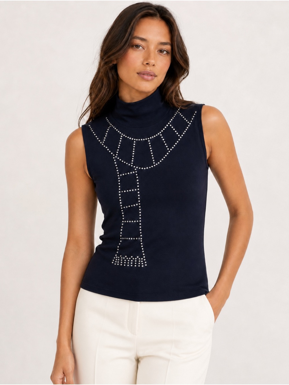Sonia Rykiel Navy Rhinestone Mock Neck Top Y2K Mod Luxe